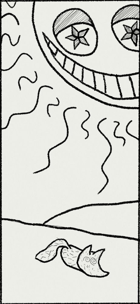A fox is laying dazed by the heat on a desert hill. A big blazing sun is gazing down in glee.
